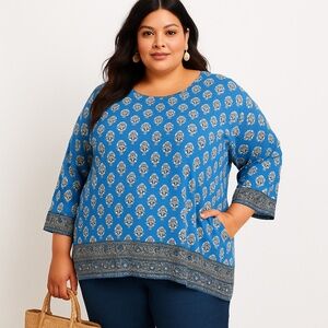 J Jill Blue Border Print Boho Tunic Top Floral 3/4 Sleeve Scoop Neck 4X